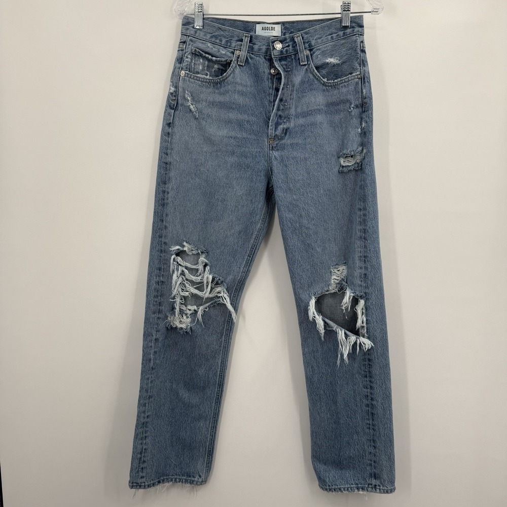 AGolde Jeans Womens 26 Blue High Rise 90s Straight Button Fly Distressed Ripped